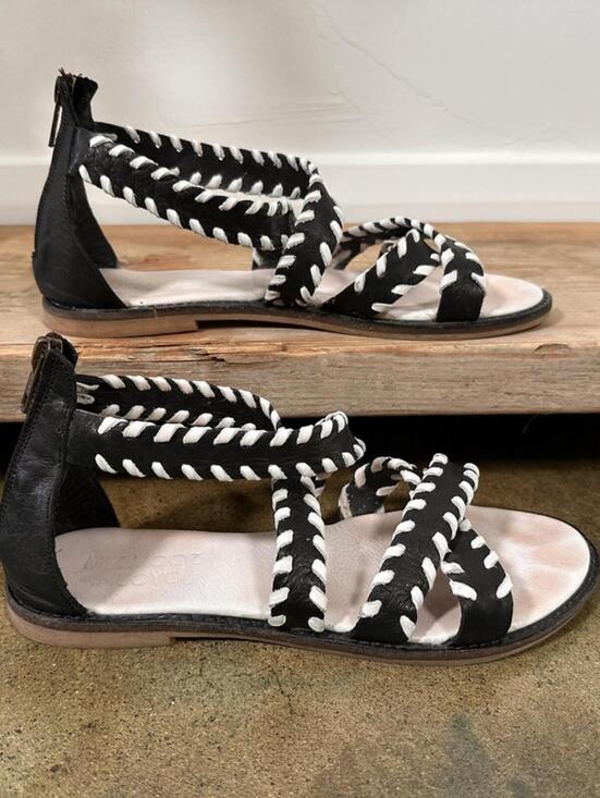 Miz Mooz Shoes - Miz Mooz Leather Gladiator Sandals EU 38 Black White Whipstitch Flat Boho